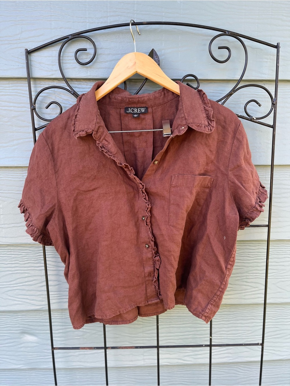 J. Crew Women's brown linen Short-Sleeve Ruffle-Trim Button Down Shirt